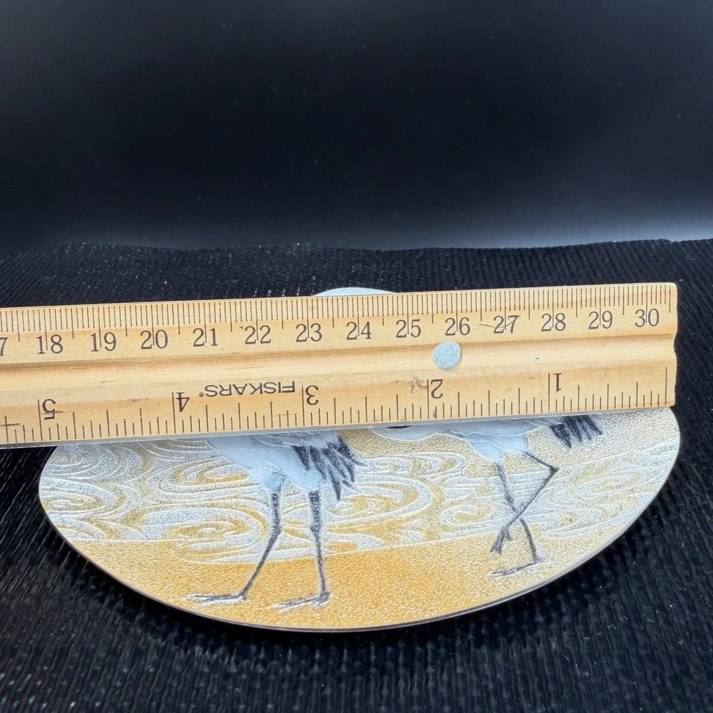 Ando Cloisonne Japanese Enamel Fan Plate Red Crowned‎ Cranes Silver Gold w Stand